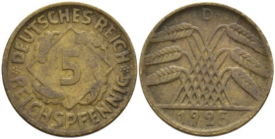Германия 5 рейхспфеннигов 1925 D KM 39, J. 316 алюминиевая бронза 4151-721
