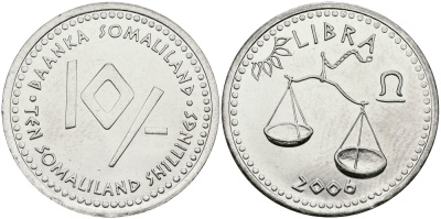Сомалиленд 10 шиллингов 2006 СЕРИЯ ЗНАКИ ЗОДИАКА, ВЕСЫ KM NEW никелированная сталь UNC 540-832
