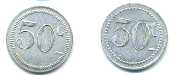 ФРАНЦИЯ 50 САНТИМОВ НАЧАЛО XX ВЕКА d 24 мм, вес около 1,0 гр., платежный жетон алюминий 89-1011