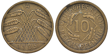 Германия 10 рейхспфеннигов 1925 A KM 40, J.317, Weege 9 алюминиевая бронза 4163-221