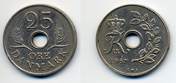 ДАНИЯ 25 ЭРЕ 1967 С; S, ФРЕДЕРИК IX (1947-1972) KM 855.1 медно-никель 4379-1413