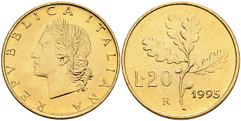 Италия 20 лир 1995 R, дубовый лист KM 97.2 алюминиевая бронза  UNC  4594-1016