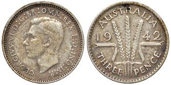 Австралия 3 пенса 1942 m, Георг VI (1937-1952), без букв, редкая KM 37 серебро 71-137