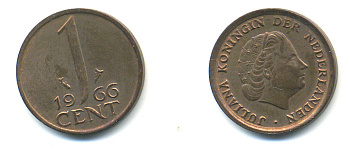 НИДЕРЛАНДЫ 1 ЦЕНТ 1966 ЮЛИАНА KM 180 бронза 83-937