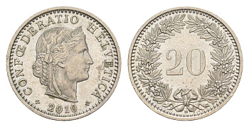 Швейцария 20 раппенов 2010 B KM 29a медно-никель UNC 4649-1224