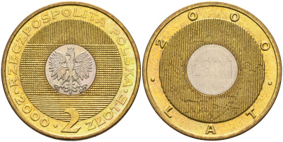 Польша 2 злотых 2000 MW, миллениум KM 374 биметалл UNC 4589-914