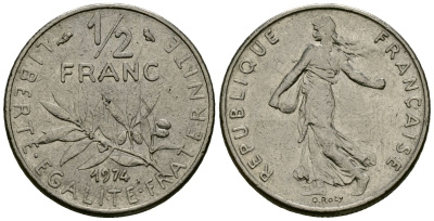Франция 1/2 франка 1974 сеятель KM 931 никель 4135-655