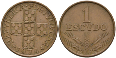 Португалия 1 эскудо 1974 KM 597 бронза 4574-343