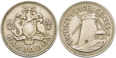 Барбадос 25 центов 1978 ветряная мельница Моргана Льюиса KM 13 медно-никель 4402-212