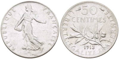 ФРАНЦИЯ 50 САНТИМОВ 1913 СЕЯТЕЛЬ KM 854, LE FRANC 190.20 серебро 201-848