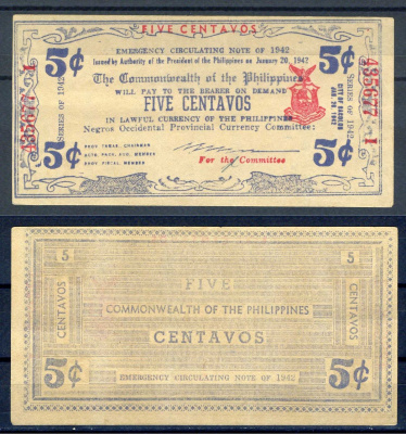 Филиппины, Негрос 5 сентаво 1942  Pick S640 a  картон  aUNC 7375-38-2-1