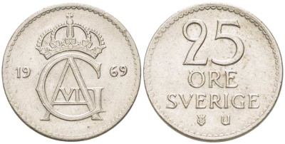 Швеция 25 эре 1969 U, Густав VI Адольф (1950-1973) KM 836 медно-никель 4516-465