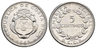 Коста-Рика 5 сентимо 1958  KM 184.1a сталь  UNC  4609-442