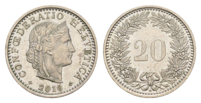 Швейцария 20 раппенов 2010 B KM 29a медно-никель UNC 4649-1224