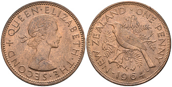 Новая Зеландия 1 пенс 1964 Елизавета II (1952-2022), новозеландский туи KM 24.2 бронза  aUNC  4367-845