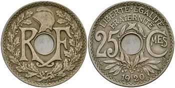 Франция 25 сантимов 1920 KM 867a медно-никель 51-2931