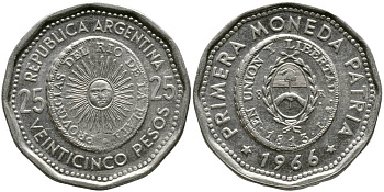 Аргентина 25 песо 1965 первая монета отчеканенная в Аргентине в 1813 году KM 61 сталь плакированная никелем 4525-1011