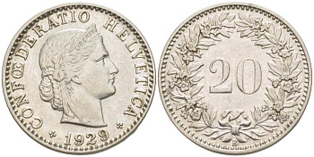 Швейцария 20 раппенов 1929 B KM 29 никель     4513-256