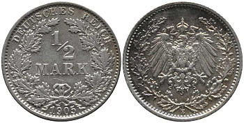 ГЕРМАНИЯ 1/2 МАРКИ 1905 E KM 17, J. 16, Weege 16 серебро 4448-747