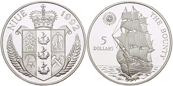 Ниуэ 5 долларов 1992 парусник Баунти, один их кораблей Джеймса Кука KM 55 серебро PROOF 1074-10-11