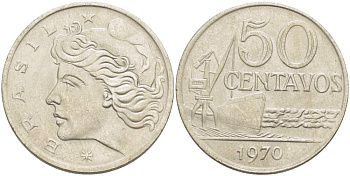 Бразилия 50 сентаво 1970 голова свободы влево KM 580а медно-никель 4529-421