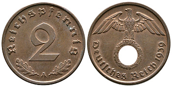 Германия 2 рейхспфеннига 1939 A KM 90, J. 362 бронза 220-556