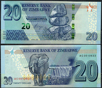 Зимбабве 20 долларов 2020 камни Чиремба, слон,Ю водопад Виктория Pick 104 b  бумага  UNC (пресс) 448-177-3