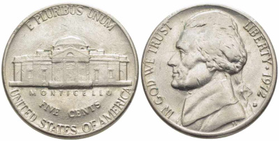США 5 ЦЕНТОВ 1972 D, ДЖЕФФЕРСОН KM А192 медно-никель 63-434