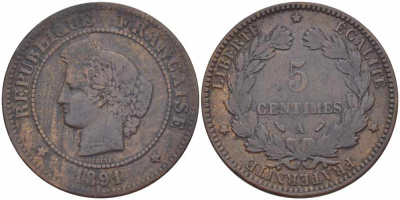 ФРАНЦИЯ 5 САНТИМОВ 1891 А, ТРЕТЬЯ РЕСПУБЛИКА (1871-1940) KM 821.1, LE FRANC 118.34 бронза 108-641