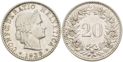 Швейцария 20 раппенов 1929 B KM 29 никель     4513-256