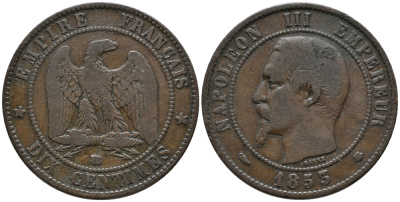 Франция 10 сантимов 1853 ВВ, Наполеон III (1852-1870) KM 771.3, Le Franc 133.4 бронза 32-1024