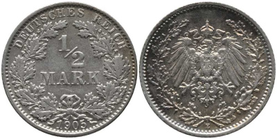 ГЕРМАНИЯ 1/2 МАРКИ 1905 E KM 17, J. 16, Weege 16 серебро 4448-747