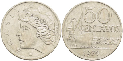 Бразилия 50 сентаво 1970 голова свободы влево KM 580а медно-никель 4529-421