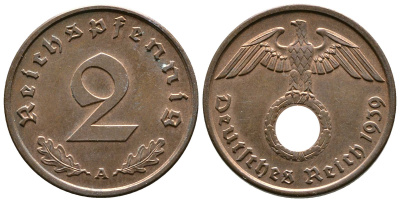 Германия 2 рейхспфеннига 1939 A KM 90, J. 362 бронза 220-556
