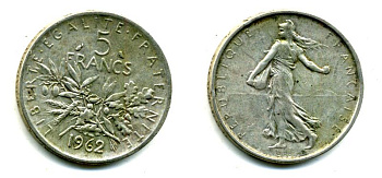 Франция 5 франков 1962 сеятель KM 926, LE FRANC 340.6 серебро 37-925