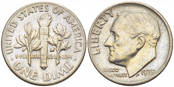 США 10 ЦЕНТОВ = 1 ДАЙМ 1973 РУЗВЕЛЬТ KM 195а медь плакированная медно-никелем 4547-944