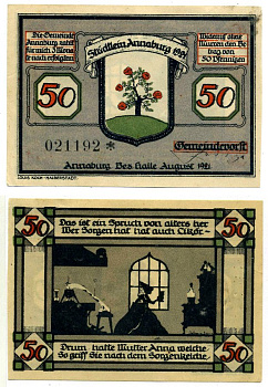 Аннабург 50 пфеннигов 1921 август 1921, нотгельд (номер 3, Das Ist En Spruch), земля Саксония-Анхальт Grabowski 34.1 бумага 2195-40-1-2