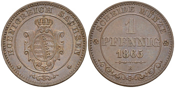 Саксония 1 пфенниг 1865 В, Иоганн (1854-1873) KM 1216, Jaeger 121, AKS 155 медь 4396-1042