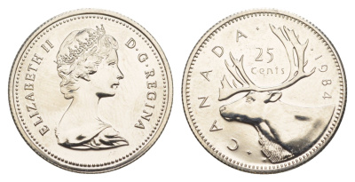 Канада 25 центов 1984 Елизавета II (1952-2022), олень KM 74 никель PROOF-LIKE (BU) 4638-531