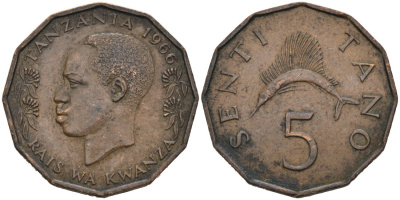Танзания 5 сенти 1966 Президент ДЖУЛИУС НЬЕРЕРЕ KM 1 бронза 4573-517