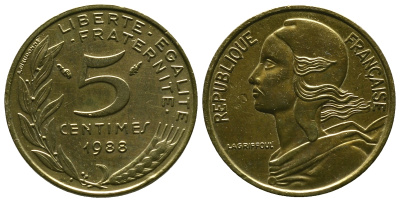 ФРАНЦИЯ 5 САНТИМОВ 1988 ТИП MARIANNE KM 933 медь алюминий никель 4381-623