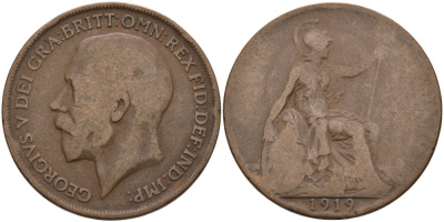 Великобритания 1 пенни 1919 Георг V (1910-1936) KM 810, Spink 4051 бронза 4572-1233