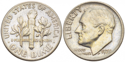 США 10 ЦЕНТОВ = 1 ДАЙМ 1973 РУЗВЕЛЬТ KM 195а медь плакированная медно-никелем 4547-944