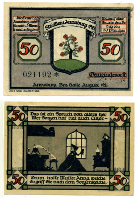 Аннабург 50 пфеннигов 1921 август 1921, нотгельд (номер 3, Das Ist En Spruch), земля Саксония-Анхальт Grabowski 34.1 бумага 2195-40-1-2