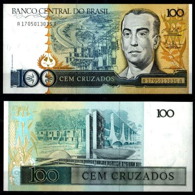 Бразилия 100 крузадо ND (1986-1988) Жуселину Кубичек, старый и новый бразильский национальный конгресс Pick 211 c бумага UNC (пресс) 2197-11-3-1