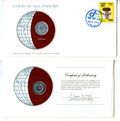 Коста-Рика 25 сентимо 1982 год-тип, конверт с маркой первого дня гашения, Coins of Nations KM 188.1b алюминий UNC 4294-7-1