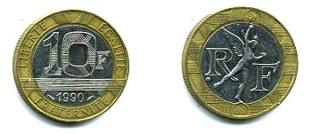 Франция 10 франков 1990 тип Гений Бастилии KM 964.1, Le Frank 375.5 биметалл 36-824