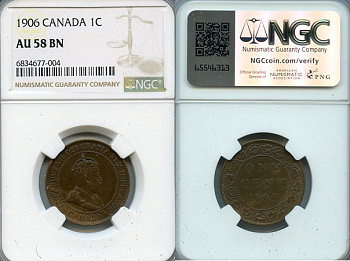 Канада 1 цент 1906 Эдуард VII (1901-1910), в слабе NGC AU 58 BN KM 8 медь  UNC  15-011-20