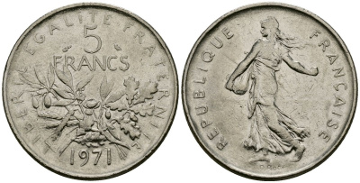 Франция 5 франков 1971 сеятель KM 926a.1, Le Franc 341.3 медно-никель плакированный никелем 4120-435