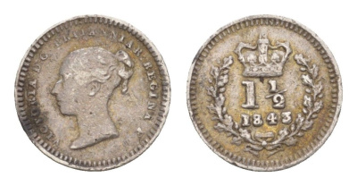 Великобритания 1 1/2 пенни 1843 Виктория (1837-1901) KM 728, Spink 3915 серебро    1531-1141